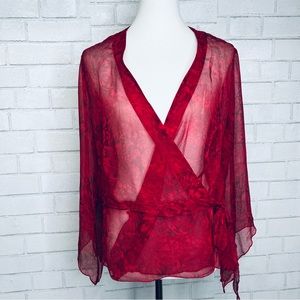 Silk kimono blouse sheer red paisley size XL Y2K cropped, peplum waist